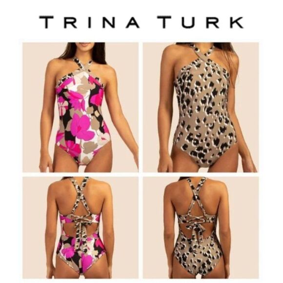 Trina Turk Lynx Reversible High Neck Maillot Halter One Piece Swimsuit size 6 - Picture 1 of 16